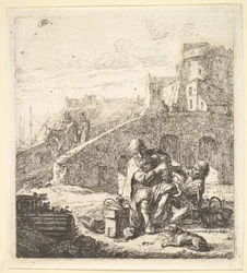 Lazarillo stiehlt Trauben vom armen blinden Bettler
