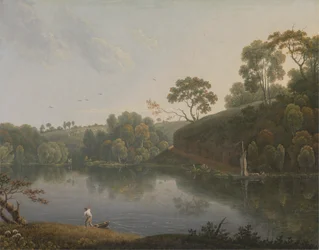 Landschaft mit einem See und Booten