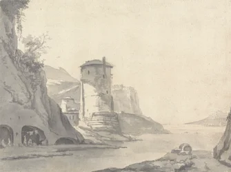 Ein Dorf in einer felsigen Küstenbucht (Italienisch?) mit Rundturm am linken Ufer