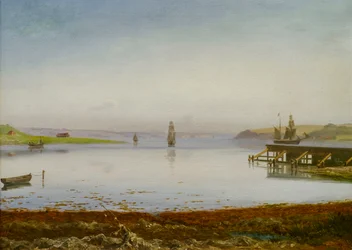 Schiffe in einer Bucht, möglicherweise Horsens Fjord, um 1850