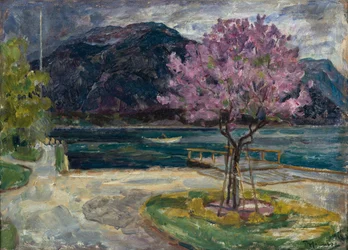 Küstenlandschaft mit blühendem Mandelbaum
