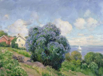 Sommerlandschaft mit Fliederbusch, Haus und Segelboot