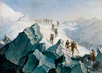Abstieg von Horace Bénédict de Saussure, seinem Sohn und den Bergführern vom Mont Blanc, Aug. 1787