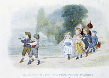 Kinderspiele: Hochzeitsprozession, Kinder verkleidet als Bräute - Zeichnung von Lobrichon, herausgegeben von Phosphatine Falières, um 1920