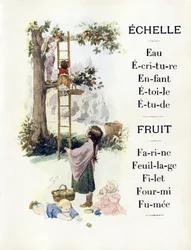 Buchstaben E und F, die Kinder beim Backen von Orangen darstellen, späte 19. Jahrhundert (Chromolithographie)