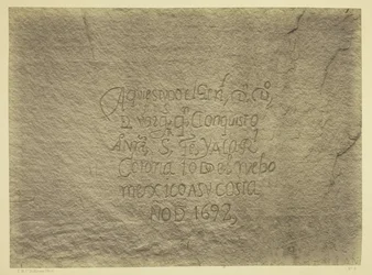 Historische spanische Aufzeichnung der Eroberung, Südseite des Inschriftfelsens, N.M. Geographische & Geologische Erkundungen & Erhebungen westlich des 100. Meridians. Expedition von 1873. -Leutnant Geo. M. Wheeler, Ingenieurkorps, Kommandant.