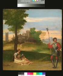 Ein Idyll: Eine Mutter und ein Hellebardier in einer bewaldeten Landschaft, ca. 1505-10