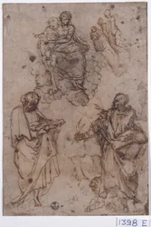 Madonna und Kind auf Wolken mit Heiligen oder Aposteln