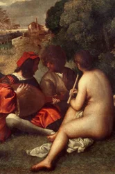 Das Konzert im Freien. Musiker auf dem Gras, Frauen sind nackt. Detail. Gemälde zugeschrieben Tiziano Vecellio dit le Titian (1485-1576) oder Giorgio da Castelfranco dit Giorgione (1476/1478-1510)