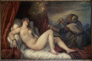 Danaë. Griechische Mythologie: Zeus erscheint Danaë in Gestalt eines Regens aus Goldmünzen, um sie zu verführen. Gemälde von Tiziano Vecellio, genannt Tizian (Vecelli oder Tiziano da Cadore)