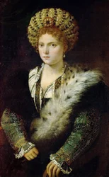 Porträt von Isabella (Isabelle) d’Este, von Tizian (1488-1576), ca. 1535. Maße: 102 x 64 cm. Kunsthistorisches Museum, Wien