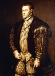 Porträt von König Philipp II. von Spanien, Dreiviertellänge, in Halbpanzerung und mit dem Abzeichen des Ordens vom Goldenen Vlies