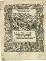 Moses und der brennende Dornbusch (recto) und Der kleine Moses wird in den Fluss gesetzt (verso) aus Neue künstlerische Figuren biblischer Historien, Platte 55 aus Holzschnitten aus Büchern des 16. Jahrhunderts
