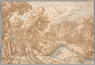 Landschaft mit zwei Männern, die spazieren gehen
