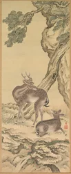 Symbole der Langlebigkeit: Hirsch unter Pfirsich und Kiefer