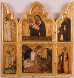 Holz- und Gold-Polyptychon mit Jungfrau und Kind, der Auferstehung Christi und Heiligen