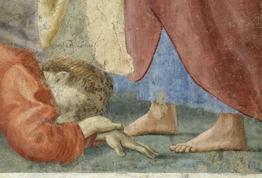 St. Peter verteilt die Gemeingüter der Kirche und der Tod des Ananias, Detail von Ananias, tot zu Füßen von St. Peter, ca. 1427 Fresko