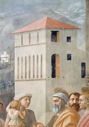 St. Peter verteilt die Gemeingüter der Kirche und der Tod des Ananias, Detail der Hintergrundarchitektur, ca. 1427 Fresko