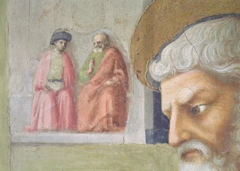 St. Peter heilt einen Krüppel und die Auferweckung der Tabitha Detail des Kopfes von St. Peter mit zwei sitzenden Figuren in der Ferne, ca. 1427 Fresko