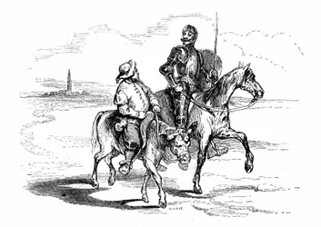 Don Quijote reitet auf seinem Pferd Rossinante mit seinem treuen Knappen Sancho Panza auf seinem Esel. Illustration des Romans von Cervantes, veröffentlicht in Frankreich 1845 von Dubochet & Cie, Übersetzung von Louis Viardot, Gravuren von Tony Johannot