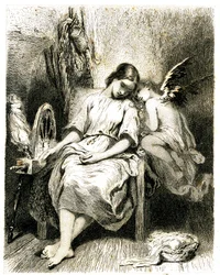 Junge Frau (Spinnerin) schläft an ihrem Rad - ein Engelchen lehnt sich über ihre Schulter - Schlaf - Traum - Träumerei - Liebe - Gravur (Radierung 1845) von Tony Johannot (Antoine Johannot genannt)