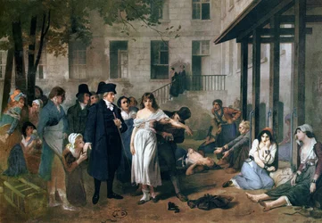 Philippe Pinel (1745-1826) befreit Geisteskranke von ihren Ketten im Salpetriere-Asyl in Paris im Jahr 1795