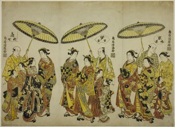 Schönheiten der drei Hauptstädte: Shimabara in Kyoto (rechts), Yoshiwara in Edo (Mitte) und Shinmachi in Osaka (links)