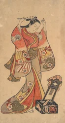 Porträt von Sanjo Kantaro in der weiblichen Rolle der Yaoya Oshichi im Stück Fuji no ..., ca. 1730-40