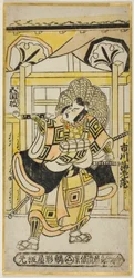 Der Schauspieler Ichikawa Ebizo II als Shinozuka Goro im Stück "Funayosooi Mitsugi Taiheiki," aufgeführt im Nakamura Theater im elften Monat, 1743