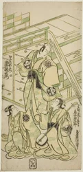 Die Schauspieler Ichimura Uzaemon VIII als Onio Shinzaemon und Onoe Kikugoro I als Kurtisane Usugumo im Stück "Nanakusa Wakayagi Soga," aufgeführt im Ichimura Theater im ersten Monat, 1744