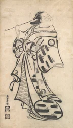 Eine Oiran steht, eine Pfeife in ihrer rechten Hand, und dreht sich um, um über ihre Schulter zu schauen, ca. 1705
