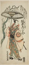 Der Schauspieler Bando Hikosaburo II als Ono no Yorikaze im Stück "Ono no Tofu Aoyagi Suzuri," aufgeführt im Morita Theater im achten Monat, 1764
