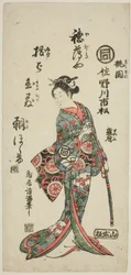 Der Schauspieler Sanogawa Ichimatsu I als Momozono im Stück "Katakiuchi Mogami no Inabune," aufgeführt im Ichimura Theater im siebten Monat, 1759