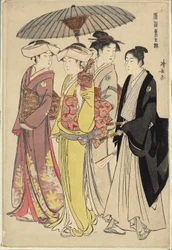 Eine Dame mit drei Dienern, aus der Serie "Ein Brokat östlicher Sitten (Fuzoku Azuma no nishiki)"