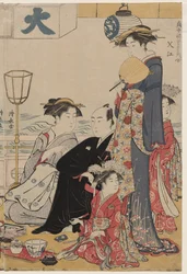 Unterhaltung auf einem Balkon am Wasser in Nakasu, aus der Serie Eine Sammlung schöner moderner Frauen der Vergnügungsviertel