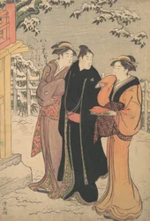 Mann in einem schwarzen Haori-Mantel und zwei Frauen auf dem Weg zu einem Tempel.