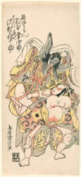 Matsumoto Koshiro III als Kusunoki Bokon und Sawamura Kijuro als Omori Hikoshichi in der Szene aus einem Drama