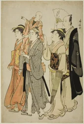 Der Schauspieler Ichikawa Danjuro V und seine Familie, aus einer unbetitelten Serie von vier Drucken, die Schauspieler im Privatleben zeigen