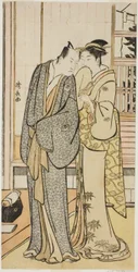 Der Schauspieler Ichikawa Yaozo III mit einer Geisha, aus einer unbetitelten Serie von Drucken, die Schauspieler im Privatleben zeigen