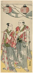 Die Schauspieler Arashi Ryuzo II und Ichikawa Komazo III, aus einem Pentaptychon von elf Schauspielern, die das Fest des Schreins der Soga-Brüder feiern