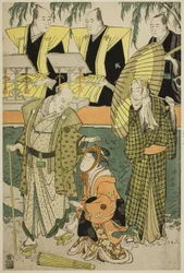 Die Schauspieler Bando Matakuro IV als Chubei, Osagawa Tsuneyo II als Umegawa und Nakamura Katsugoro als Magoemon, im Stück "Keisei Koibikyaku," aufgeführt im Morita Theater im fünften Monat, 1783