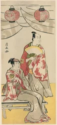 Die Schauspieler Ichikawa Monnosuke II und Segawa Kikunojo III, aus einem Pentaptychon von elf Schauspielern, die das Fest des Schreins der Soga-Brüder feiern
