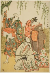 Die Schauspieler Ichikawa Yaozo III als Shiragiku, Ichikawa Danjuro V als der Puppenspieler Dekurokubei und Sawamura Sojuro III als Soga no Juro, im Joruri "Shinobukoi Yanagi no Katsura Otoko", aufgeführt im Nakamura-Theater im ersten Monat, 1785