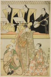 Die Schauspieler Nakayama Kojuro VI (Nakamura Nakazo I) als Chidori, Sawamura Sojuro III als Shigemori und Ichikawa Yaozo III als Yoshibei, im Shosa "Fukyoku Edo Geisha," aufgeführt im Nakamura Theater im elften Monat, 1785