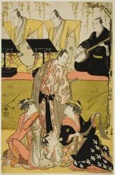 Die Schauspieler Sawamura Sojuro III als Soga no Juro, Osagawa Tsuneyo II als Oiso no Tora, Azuma Tozo III als Miura Katagai und Otani Tokuji I als Danzaburo, im Joruri Chidorigake Koi no Tamaboko, aufgeführt im Ichimura-Theater im ersten Monat, 1784