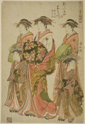 Die Kurtisane Takigawa von Ogiya mit ihren Begleiterinnen Onami und Menami, aus der Serie "Modelle für Mode: Neue Designs so frisch wie junge Blätter (Hinagata wakana no hatsu moyo)"