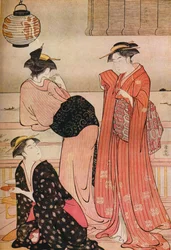 Drei Mädchen auf der Veranda eines Teehauses mit Blick auf die Bucht von Edo in Shinagawa, um 1752-1815