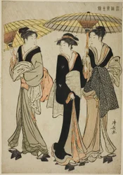 Unter Regenschirmen im Regen, aus der Serie "Ein Brokat östlicher Sitten (Fuzoku Azuma no nishiki)"