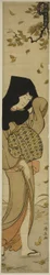 Frau mit schwarzer Kapuze in windgepeitschten Blättern, aus der Serie "Zwölf Szenen der Volksbräuche"