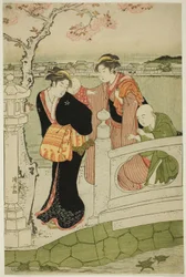 Frauen und Kinder auf dem Damm am Shinobazu-Teich
